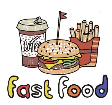 Kolayca değiştirilebilir vektör elementleri. Dijital olarak elle çizilmiş dikişsiz fast food çizimi