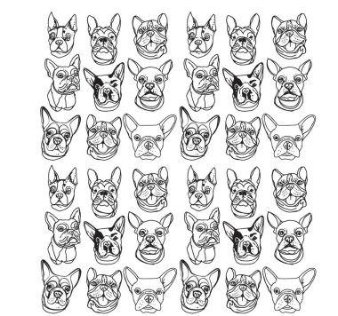 Çizgi filmlerdeki köpek yavrularıyla kusursuz bir model. Arkaplan, duvar kağıdı, kumaş ve diğer tasarımlar için kullanılabilir. Fransız Bulldog deseni. İngiliz buldog deseni