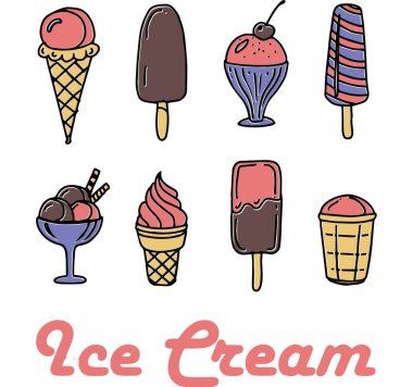 Çizgi film dondurma seti. Çikolata ve vanilyalı dondurma. Tatlı çizimi.