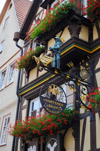 Bad Wimpfen Germany Ornament Bank Sign Half Timbered Building Raiffeisenbank — 스톡 사진