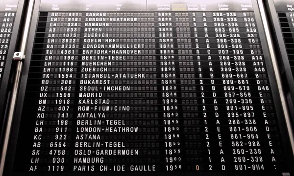 Frankfurt am Main, Germany: Information board, sometimes called a split-flap Solari board, at the Frankfurt international airport displays departure information for travelers. Analog departure.