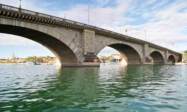 London Bridge in Lake Havasu City, Arizona. It formerly spanned the River Thames in London, England. It was then purchased and reconstructed in Arizona to attract tourism and home buyers.