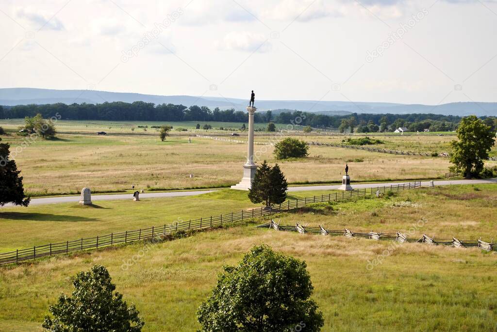 Gettysburg, PA: Gettysburg National Military Park. View from State of Pennsylvania Monument towards State of Vermont and 13th Vermont Volunteer Infantry Regiment monuments, on Hancock Avenue. 