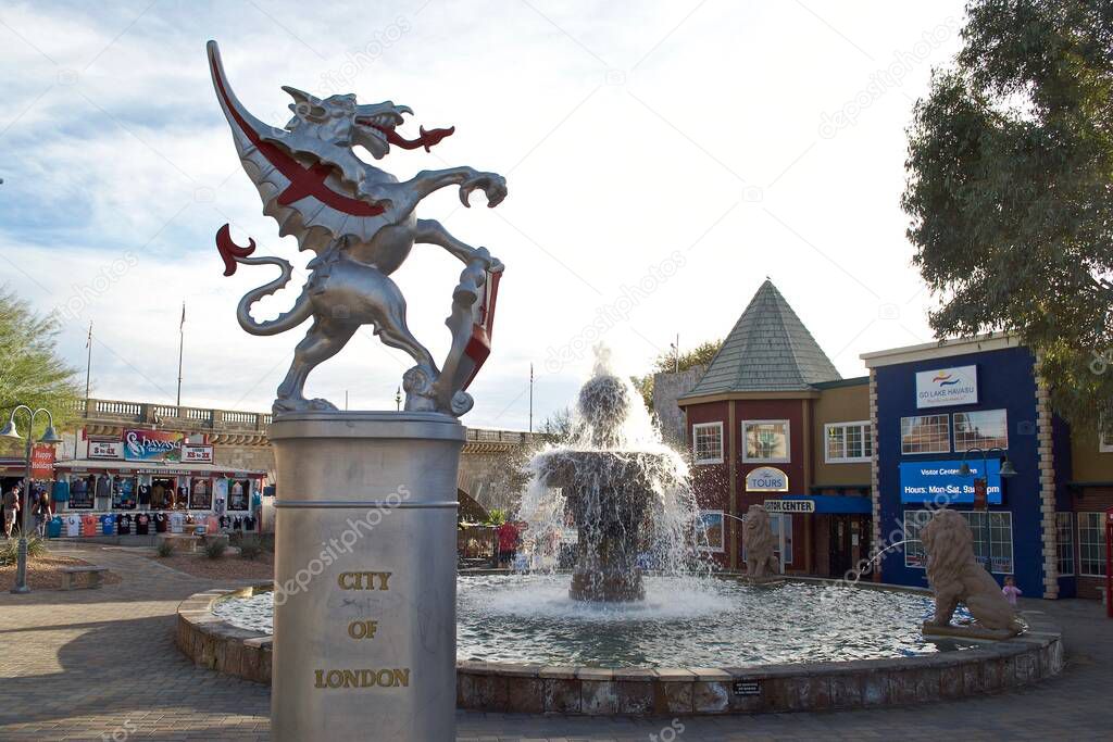Lake Havasu City, Arizona: Dragon Boundary Marker and lion fountain greet visitors at the lower entrance of the English Village. Havasu has many tributes to London to attract tourism.