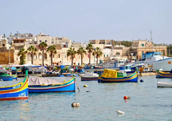 Maltese Boats Float Harbor Marsaxlokk Malta Fishing Boats Decorated Eye — Stock Photo, Image