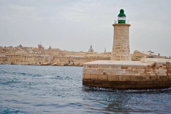 Elmo Lighthouse Break Water Skyline Valletta Malta Seen Water — Stock Photo, Image