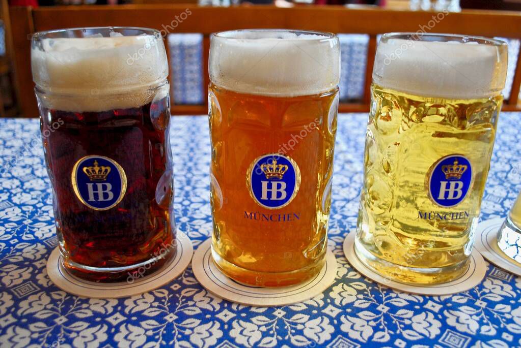 Munich, Germany: Hofbrauhaus (Hofbruhaus) beer - Dunkel (dark), Helles (lager), Radler (mixed with lemonade), in 