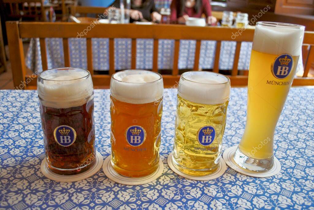 Munich, Germany: Hofbrauhaus (Hofbruhaus) beer - Dunkel (dark), Helles (lager), Radler (mixed with lemonade),  Weibier (wheat) in 