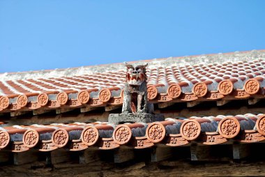Okinawa shisa sits on a traditional Okinawan red ceramic tile roof. Shisa  is a traditional Ryukyuan cultural artifact and decoration derived from Chinese guardian lions to ward off evil spirits