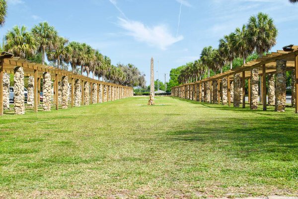 Ravine Gardens State Park in Palatka, Florida. Historic Gardens and Court of States obelisk dedicated to Franklin D. Roosevelt constructed by the Works Progress Administration amid Great Depression. 