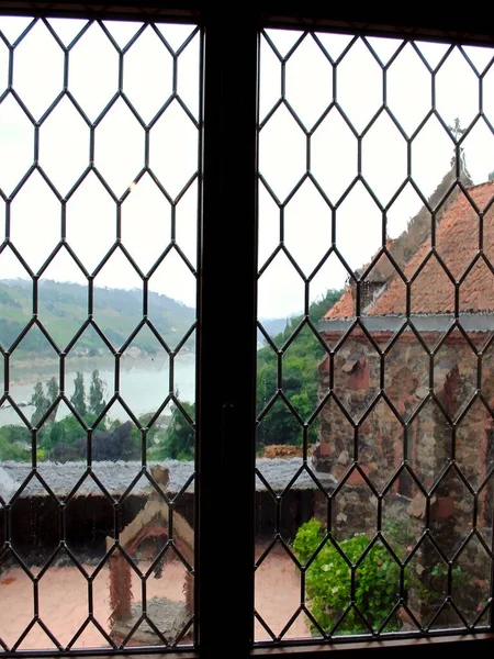 Trechtingshausen Germany Looking Out Leaded Glass Window Reichenstein Castle Нім — стокове фото