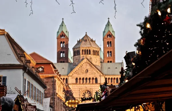 Speyer Germany Speyer Christmas Market Foreground Lightly Focused Speyer Cathedral — Stock fotografie