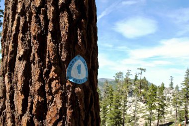 Nevada eyaleti, Tahoe Rim Trail işareti. Tahoe Gölü ve patika haritalı mavi beyaz Tahoe Rim Trail logosu. Kingsburry yakınlarındaki Güney patika başı ve Heavenly Ski Resort. 