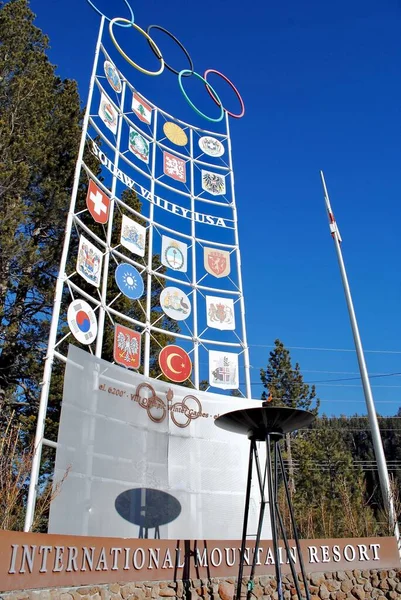 Olympic Valley California Olympic Flame International Flags Olympic Rings Sign — Stock Photo, Image