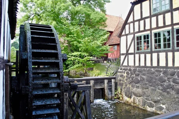 Wooden Water Wheel Half Timbered House Den Gamle Old Town — Stock Photo, Image