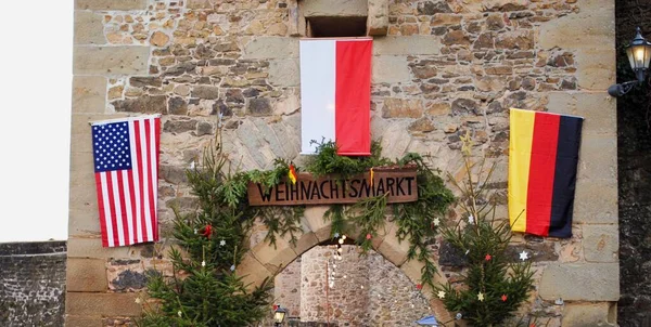 Weihnachtsmarkt Means Christmas Market German American German Polish Flags Welcome — Stock Photo, Image