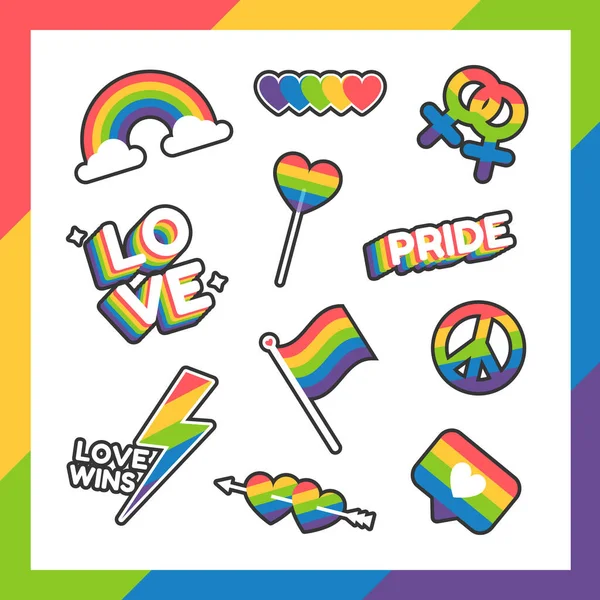Beyaz arka planda düz dizayn edilmiş gurur günü etiketleri veya çıkartma koleksiyonu. Gökkuşağı renkleri. LGBTQ+