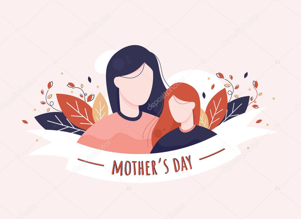 Happy mother's day vector illustration with mom and daughter in flat design. Pink and red