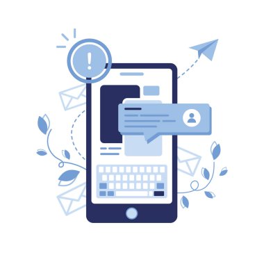 E- posta pazarlama ve mesaj konseptinin vektör afişi. Mektup, zarf. Telefon bülteni. Sohbet robotu, diyalog, mesaj, iletişim, kullanıcı. Açılır pencere. İnternette çalış. Makale. Mavi