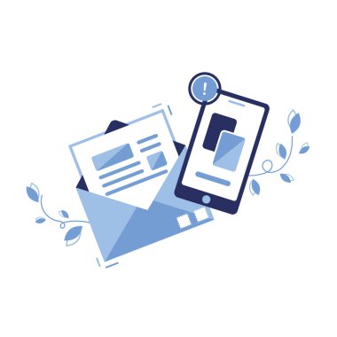 E- posta pazarlama ve mesaj konseptinin vektör sancak illüstrasyon simgesi. Mektup, zarfın içinde çarşaf. Başvuru gönderiliyor. İnternet siteleri için. Gazete. Telefon, Haber bülteni. Önemli bir uyarı.