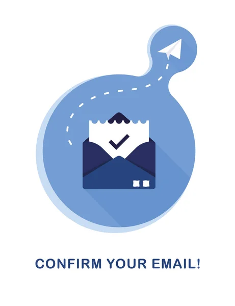 电子邮件 发送消息和消息通知标志的电子邮件营销和消息概念的向量横幅说明 信封里的床单 支票记号 蓝白相间 — 图库矢量图片