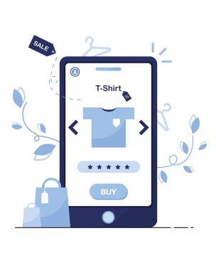 Bir çevrimiçi mağazanın vektör illüstrasyonu. Telefonla al. Alışveriş şablonu. İndirimli tişört. Satılık. Şimdi al. Ürün incelemesi. Beş yıldızlı. Mavi. Beyaz arka plan. Evden sipariş