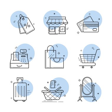 Mağaza ve satışlar için ikonlar. Beyaz arka planda, mavi elementli basit düz simgeler. Fiyat etiketleri, indirimler, mağaza, kartlar, nakit masası, paketler, tramvay, bavul, sepet, ayna