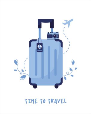 Vector seyahat çizelgesi, bavul, bavul ve kamera. Tatil, tatil, eğlence. Yaz. Seyahat zamanı. Uçaklar, uçuşlar, yurt dışı. Mavi. Beyaz arkaplanda