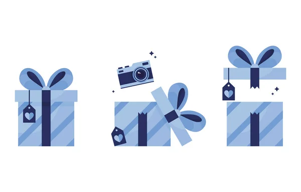 Set Vector Illustrations Gifts Packages Closed Gift Postcard Bow Opening — Archivo Imágenes Vectoriales