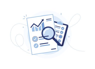 Satış takvimi olan bir belgenin vektör illüstrasyonu. İstatistikler, yüksel. Rapor kağıdı. İşi bitmiş bir tablet. Page, yapılacaklar listesi. Kâr analizi. Büyüteç. İşaretle. Mavi. Eps 10