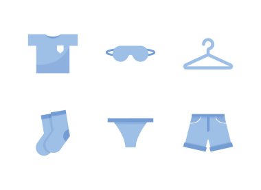 Vektör giysi simgeleri. Uyumak, spor yapmak ve ev için kıyafet. Tişört, uyku maskesi, mandal, askı, çorap, külot, şort. Moda. Mavi. Eps 10