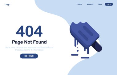 Vektör illüstrasyon 404 hata sayfası pankart bulunamadı. Sistem hatası, kırık sayfa. Dondurma, dondurulmuş meyve suyu, tatlı. İnternet sitesi için. Web Şablonu. Mavi. Eps 10