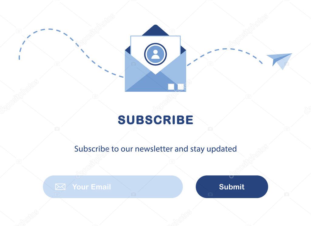 Banner illustration of email marketing. Subscription to newsletter, news, offers, promotions. A letter in an envelope. Template. Send by mail. Subscribe, submit. Blue and White. Eps 10