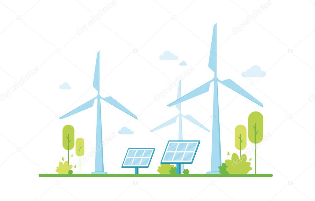 Renewable energy, solar panels. lean electric energy from renewable sources wind. Eco friendly. Green zone. Protecting and caring for nature. Climate support. On white background. Blue. Eps 10
