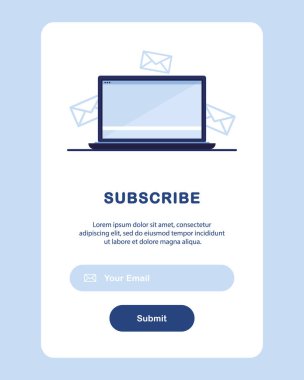 E- posta pazarlamasının vektör afişi. Haber bültenine abonelik, haberler, teklifler, terfiler. Abone ol, boyun eğ. Postayla gönder. Bilgisayar, dizüstü bilgisayar, bilgisayar. Düğme şablonu. Mavi ve Beyaz. Eps 10