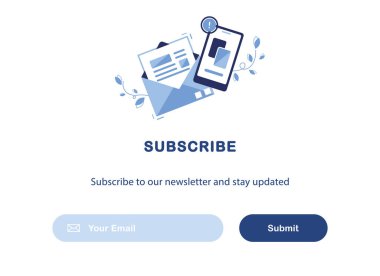 E-posta pazarlama afişi. Haber bültenine abonelik, haberler, teklifler, terfiler. Beni takip edin. Zarfın içinde bir mektup ve telefon. Düğme şablonu. Abone ol, boyun eğ. Postayla gönder. Mavi ve Beyaz. Eps 10