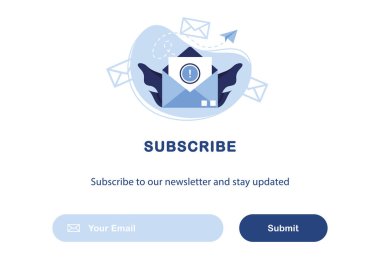 E-posta pazarlamasının vektör pankartı. Haber bültenine abonelik, haberler, teklifler, terfiler. Beni takip edin. Zarfın içinde bir mektup. Düğme şablonu. Abone ol, boyun eğ. Postayla gönder. Mavi ve Beyaz. Eps 10