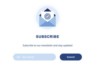 E- posta pazarlamasının vektör afişi. Haber bültenine abonelik, haberler, teklifler, terfiler. Zarfın içinde bir mektup. Düğme şablonu. Abone ol, boyun eğ. Postayla gönder. Mavi ve Beyaz. Eps 10