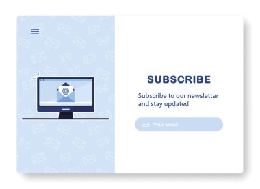 E-posta pazarlamasının vektör pankartı. Zarf. Haber bültenine abonelik, haberler, teklifler, terfiler. Bilgisayar, bilgisayar. Düğme şablonu. Üye ol. Postayla gönder. Mavi ve Beyaz. Eps 10