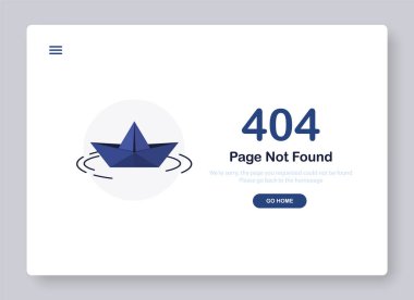 404 hata sayfası pankart bulunamadı. Evinize gidin. Origami kağıt tekne ya da gemi. Sistem hatası, kırık sayfa. Sudaki döngüler. Web sitesi için pencere açıyorum. Web Şablonu. Mavi. Eps 10