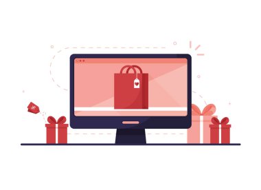 Çevrimiçi alışveriş sitesi olan bir bilgisayar monitörü. Tatil için internetten hediye almak. Bilgisayarı ve masaüstünü kullanarak internet üzerinden alışveriş yapıyor. Alışveriş çantası ve hediyeler. Kırmızı ve pembe. Eps 10 