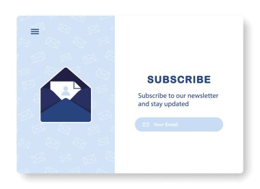 E-posta pazarlama afişi. Haber bültenine abonelik, haberler, teklifler, terfiler. Zarfın içinde bir mektup. Şablon oluşturun. Üye ol. Pencereyi açıyorum. Postayla gönder. Mavi ve Beyaz. Eps 10