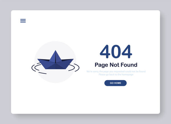 404 error page not found banner. Иди домой. Бумажная лодка или корабль Оригами. Системная ошибка, сломанная страница. круги на воде. Популярное окно для веб-сайта. Web Template. Синий. Eps 10