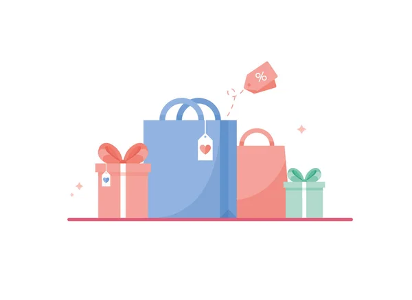 Κουτιά Δώρου Χρωματιστά Κορδέλα Και Φιόγκο Και Τσάντα Για Ψώνια — Διανυσματικό Αρχείο