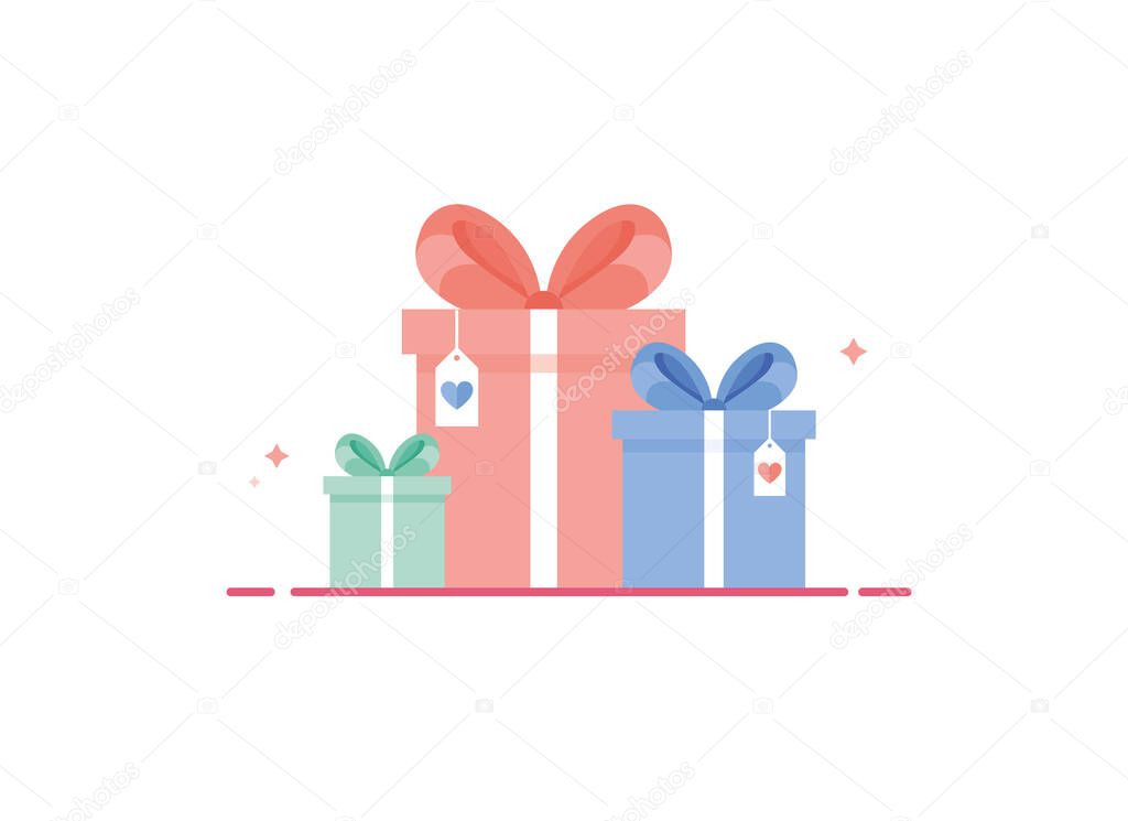 Colored gift boxes with ribbon and bow. Collection for Birthday, Christmas, xmas, New Year. Presents with a postcard. With love. Pink, blue and green. Eps 10