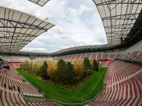 Ein Wald Mitten Fußballstadion Klagenfurt Österreich Der Rasenplatz Ähnelt Dem — Stockfoto