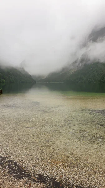오스트리아 레오폴드 호수에서는 목가적 광경을 수있다 호수는 안개로 알프스 산맥으로 — 스톡 사진