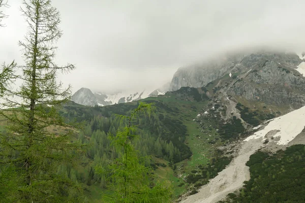 Panoramic View Alpine Peaks Austria Marstein Slopes Still Partially Covered — Stock Photo, Image