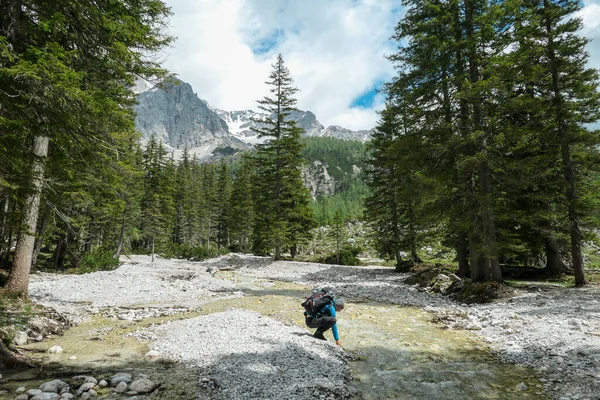 Homem Mochileiro Bebendo Uma Torrente Correndo Região Dachstein Áustria Floresta — Fotografia de Stock