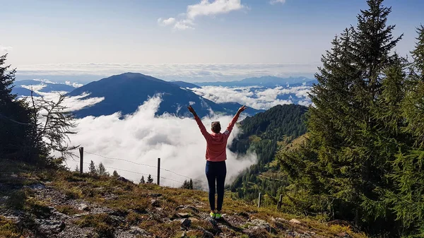 Una Mujer Disfrutando Idílica Vista Del Valle Alpino Desde Cima —  Fotos de Stock